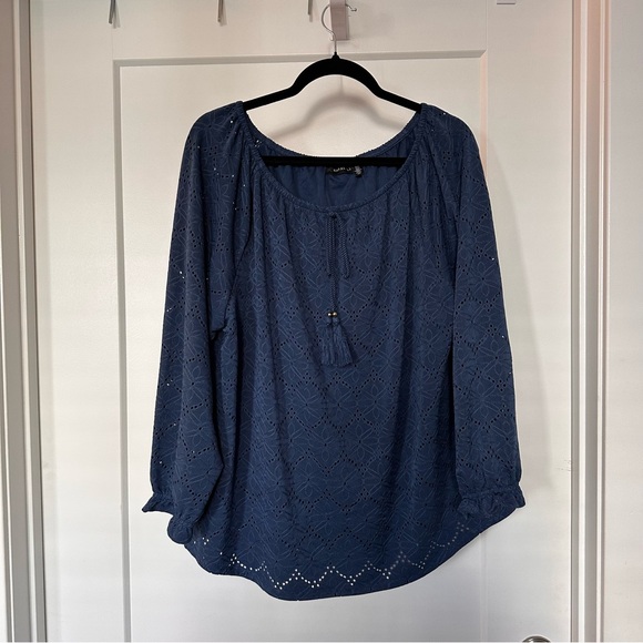 Rafaella Navy Drawstring Neck Eyelet Top - Picture 1 of 9